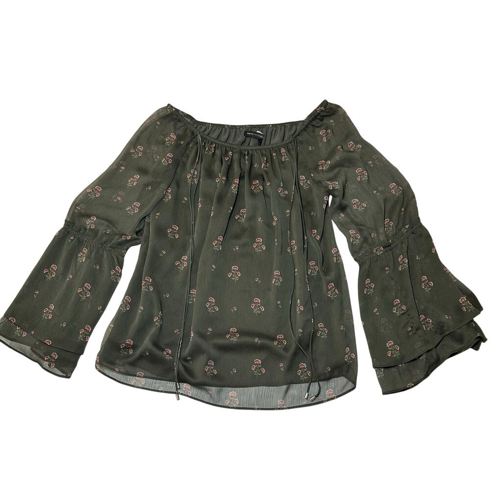 White House Black Market Women's Blouse Top Small Off Shoulder Olive Green - Picture 2 of 8
